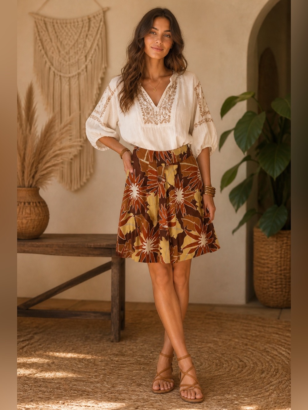 Merona Boho Floral A-Line Skirt | Earth Tone Print | Pleated Front